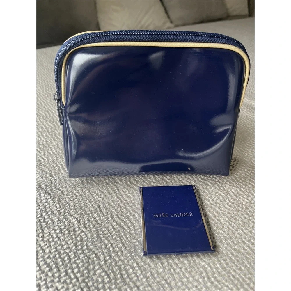 Vintage Estée Lauder Classic Navy Blue Gold Travel Bag Makeup Bag Compact Mirror